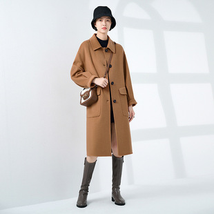 100山羊绒牛角扣双面羊绒大衣中长款 直筒复古文艺风女装