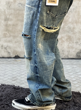 BEN'S乙已制作 日系Vintage复古做旧破烂补丁宽版直筒赤耳牛仔裤