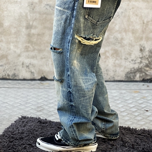 BEN'S乙已制作 日系Vintage复古做旧破烂补丁宽版直筒赤耳牛仔裤