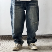24SS日潮复古 ART赤耳DENIM重磅破烂做旧补丁低档宽廓直筒牛仔裤