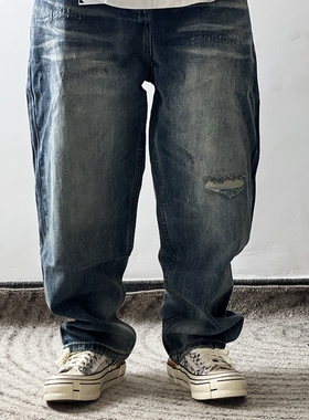 24SS日潮复古 ART赤耳DENIM重磅破烂做旧补丁低档宽廓直筒牛仔裤