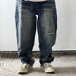 24SS日潮复古 ART赤耳DENIM重磅破烂做旧补丁低档宽廓直筒牛仔裤