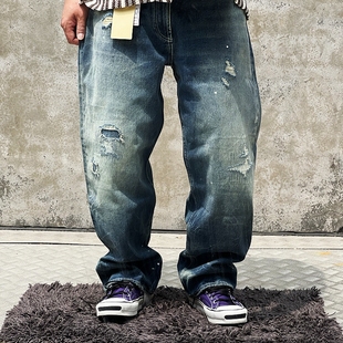 平替MADNESS 日复古Ben's赤耳磨烂补丁炸花水洗牛仔裤Denim jeans