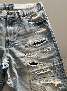 NBRHO平替Vintage割破洞补丁泼墨人手刀割赤耳宽松直筒牛仔裤潮