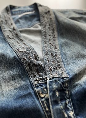 跨界制作 乙已BEN'S复古磨烂补丁Vintage宽版牛仔道袍九分袖纽扣