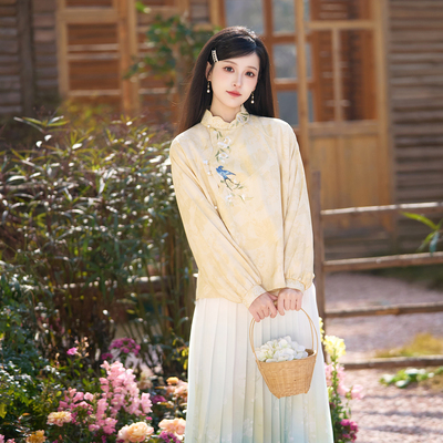 燕语花事 清水溪汉初原创国风日常明圆领上衣女松紧百迭半裙春秋