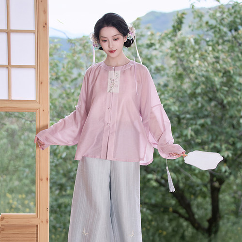 一纸花笺 清水溪汉初夏季明制汉服女圆领对襟弓袋袖短衫日常通勤