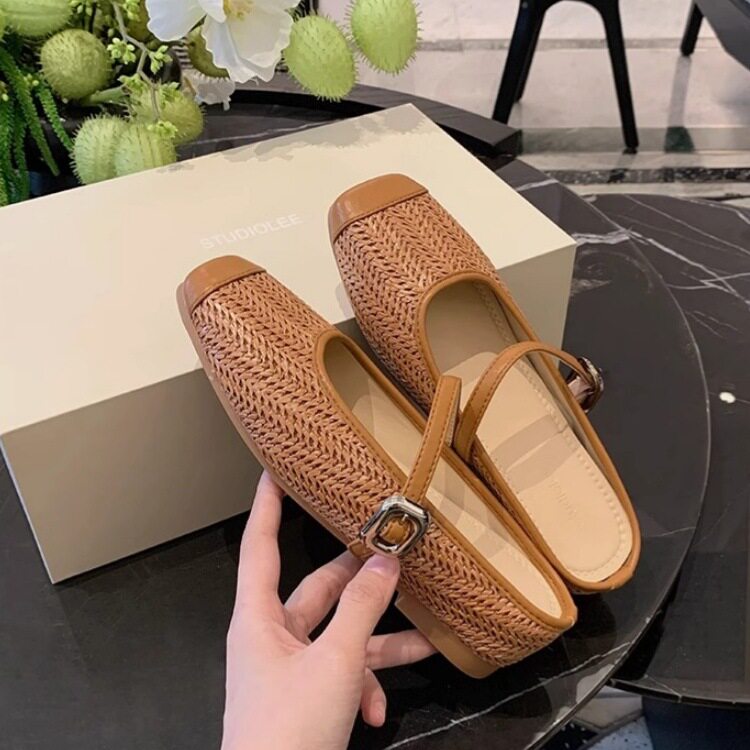 葡萄妈studiolee增高5cm~度假风草编方头凉拖懒人一脚蹬半拖女夏图片