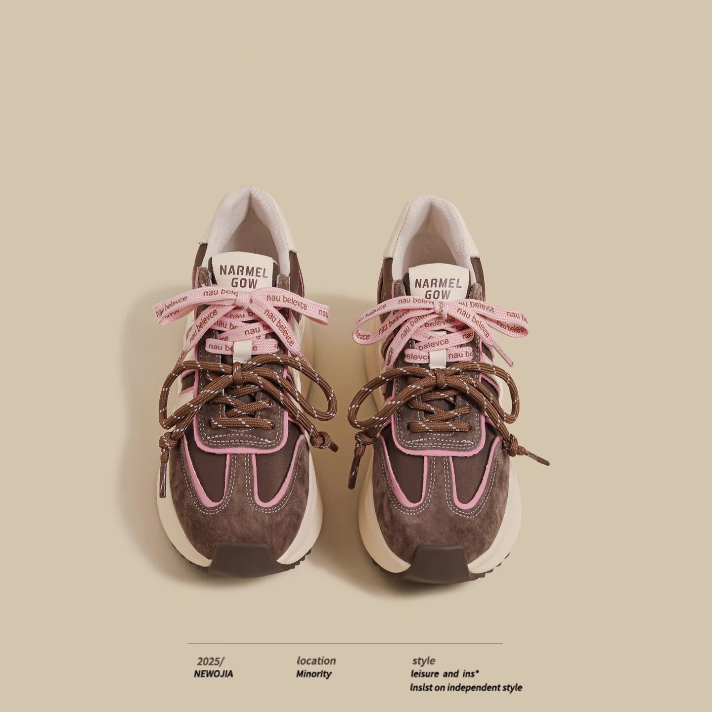 2026秋季新款厚底松糕阿甘运动鞋女棕色超火网红双鞋带德训老爹鞋