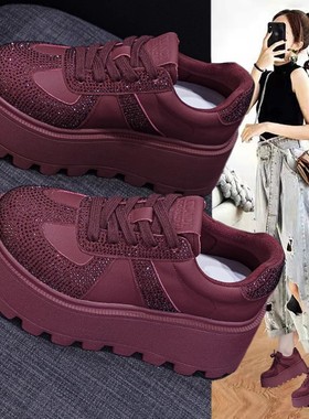复古德训棉鞋女2025秋冬新款水钻加绒厚底内增高红色运动休闲婚鞋