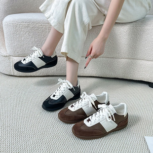 真皮板鞋 美拉德韩系拼色系带运动休闲鞋 女鞋 2026新款 女阿甘德训鞋