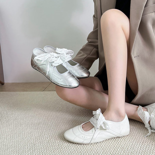小香风蕾丝绑带休闲平底鞋 2026新款 芭蕾舞单鞋 蝴蝶结浅口法式 女鞋