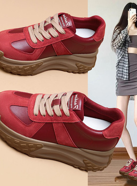 爆款真皮女鞋老爹鞋2025秋季季新款增高厚底运动鞋红色百搭显脚小