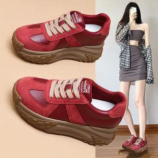 2025秋季 老爹鞋 季 新款 红色百搭显脚小 爆款 增高厚底运动鞋 真皮女鞋