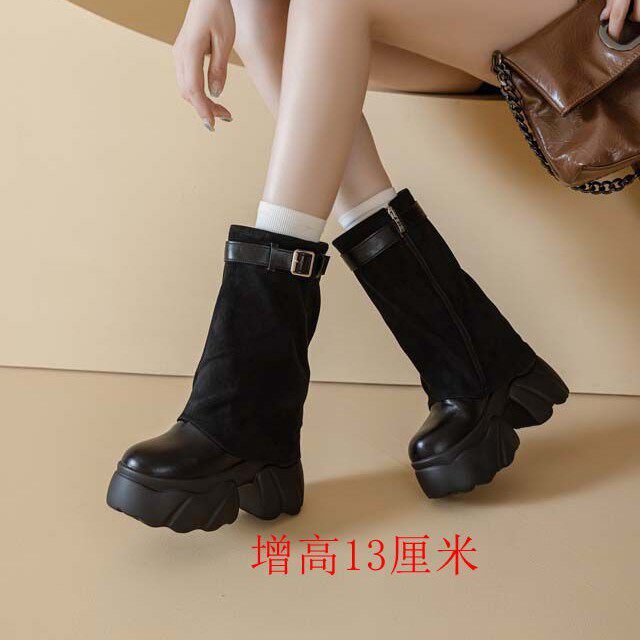 小个子公主专利瘦瘦长中筒靴厚底内增高款13厘米不过膝内增高女款
