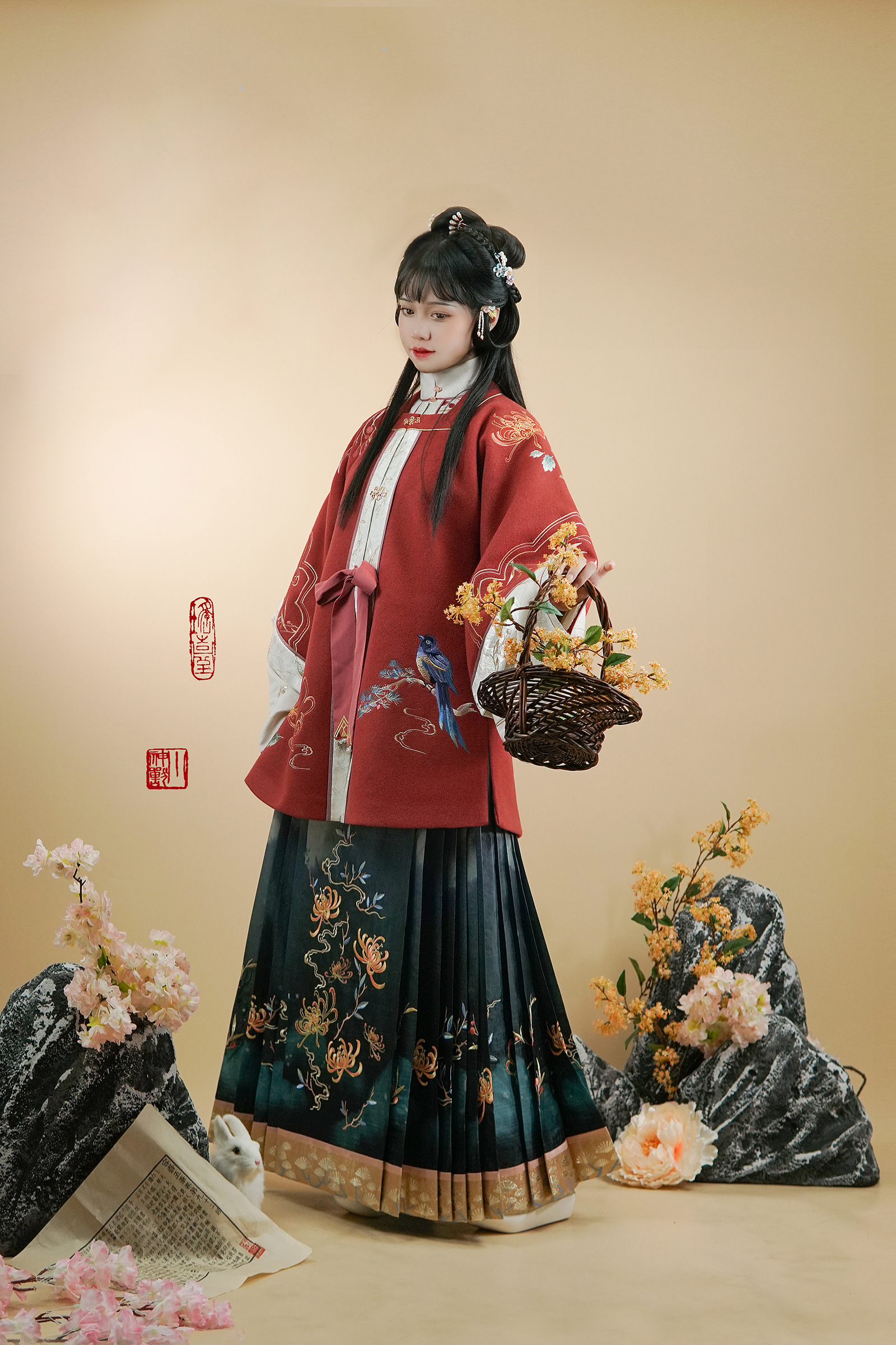 拜年红喜鹊2023毛呢披袄重工刺绣