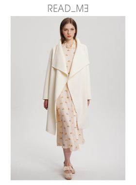 readme简约羊毛双面呢女中长款廓形腰带两穿大衣D30901599