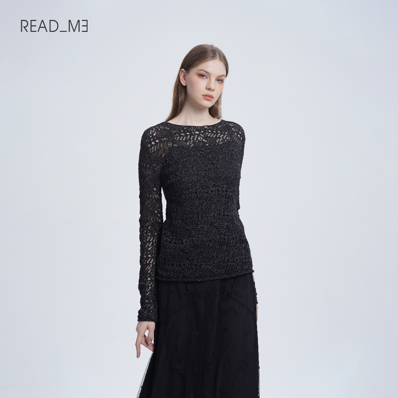 readme棉一字领套头镂空针织衫