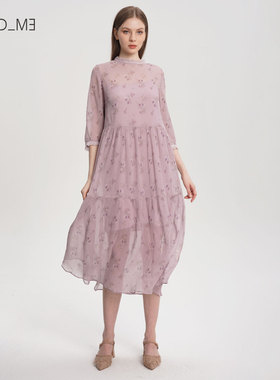 readme女士宽松高腰真丝法式印花显瘦连衣裙50833634