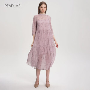 readme女士宽松高腰真丝法式印花显瘦连衣裙50833634