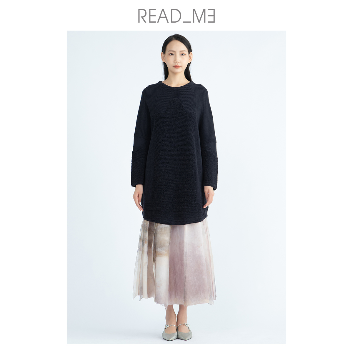 藏青加厚针织圈圈呢长连衣裙