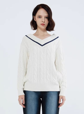 READ_ME读我宽松V领白色套头针织毛衣T30209246
