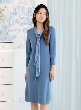 READ_ME读我真丝飘带精纺蓝色羊毛针织长裙B90221246