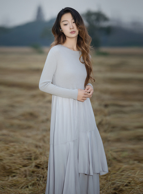 READ_ME读我浅卡其优雅针梭相拼圆领叠层裙摆连衣裙DB60212146