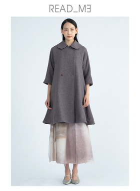readme读我简约复古宽松A版娃娃领格纹大衣T60917288