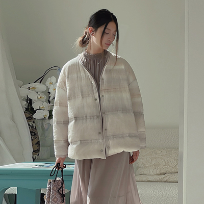 READ_ME读我渐变印花无领面包米灰羽短款绒服B61402202