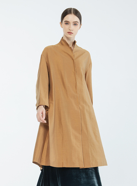 readme女士宽松卡其黄长款单排扣A版中长风衣60505314