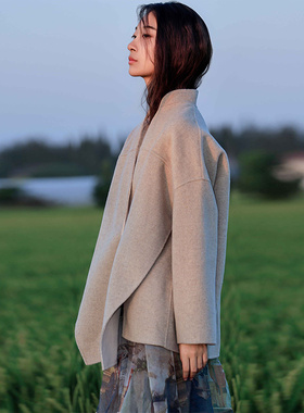 READ_ME读我驼色立领高叠衩双面穿短大衣B80920230