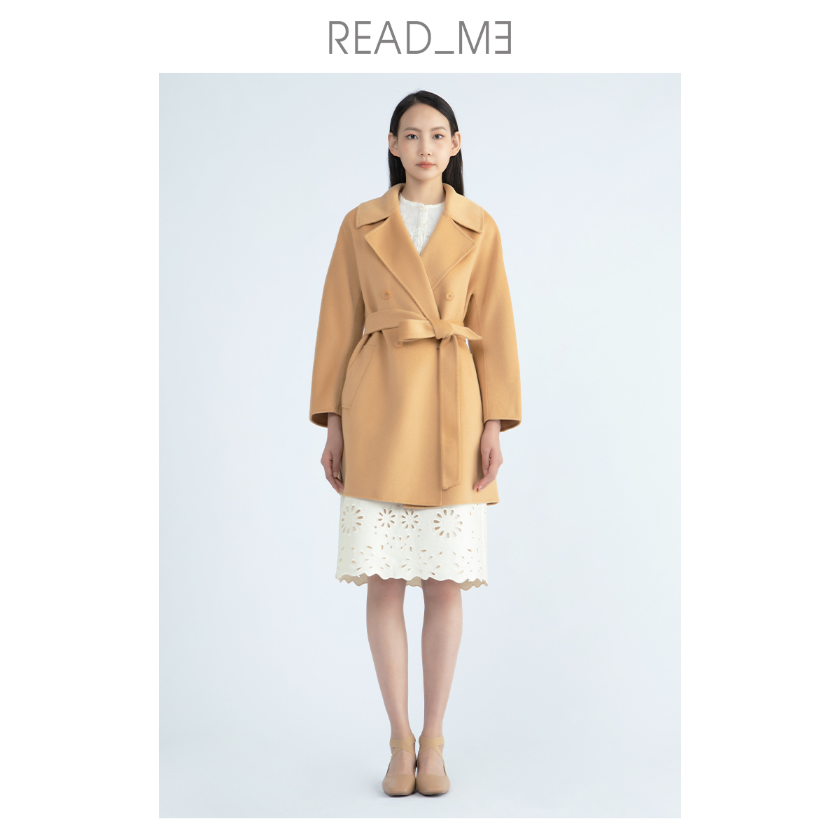 readme羊毛双排扣中长款简约大衣