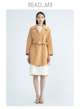 readme读我双排扣腰带羊毛羊绒桑蚕丝女中长款大衣B30910312