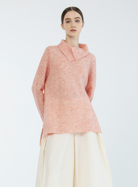 Readme读我秋冬新品女桃粉色绵羊毛宽松双叠领A摆套衫B10239346
