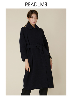 readme秋冬女文艺羊毛双面呢过膝黑中长款大衣外套T80937388