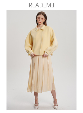 readme设计师款鹅黄羊毛女短款翻领毛呢大衣D30905299