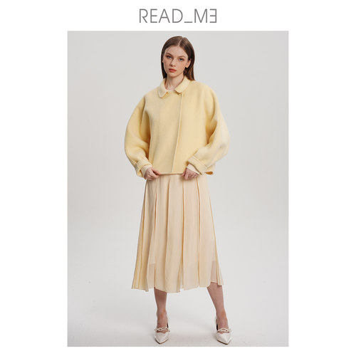 readme羊毛短款设计师翻领呢大衣