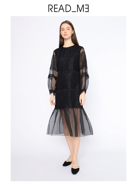 readme读我春夏女士连衣裙拼接黑色真丝欧根纱蕾丝拼接70814215