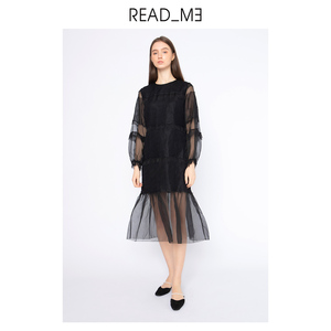 readme读我春夏女士连衣裙拼接黑色真丝欧根纱蕾丝拼接70814215