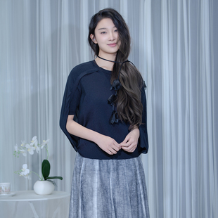 READ_ME读我黑色简洁圆领双层后身褶裥两件式针织背心B80239147