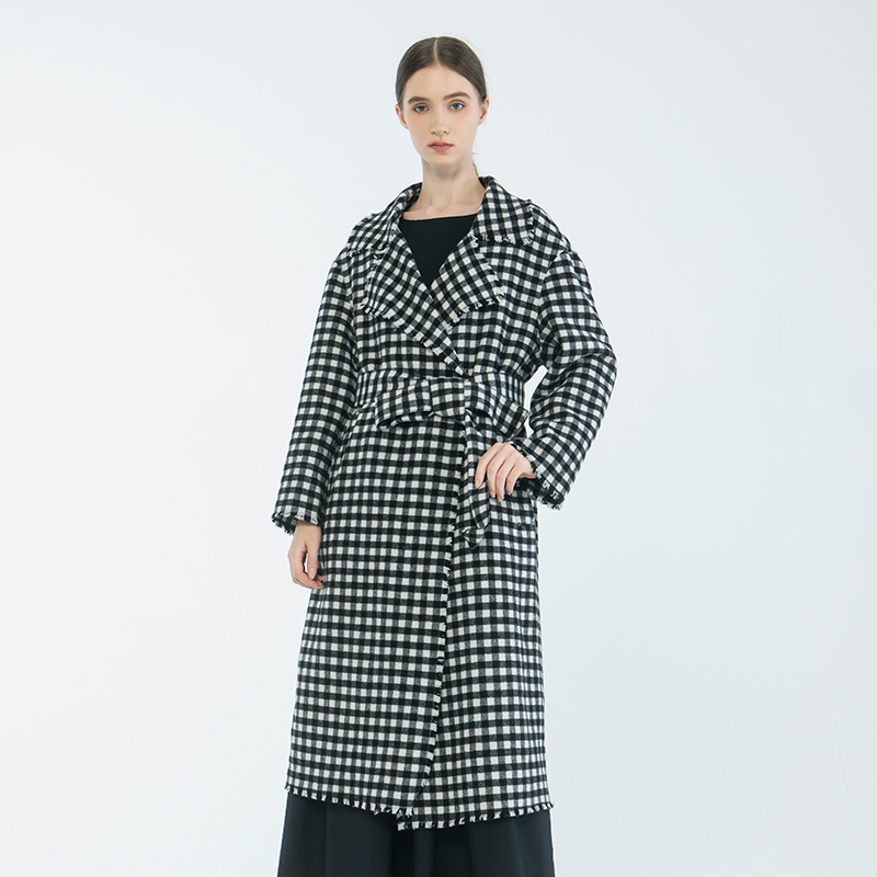 readme高级系带极简拉毛格纹大衣