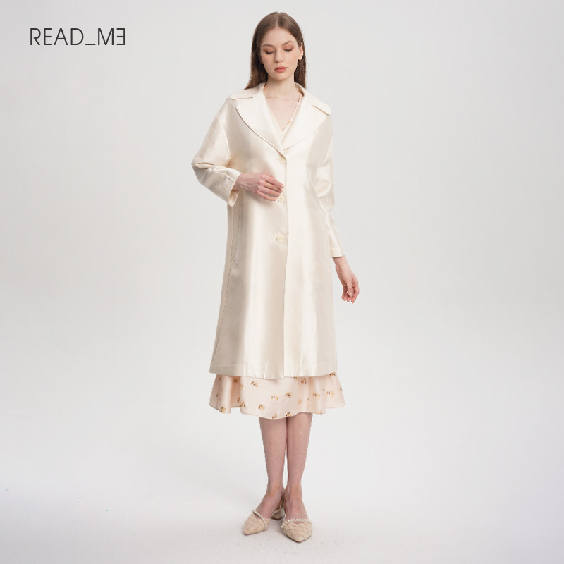 Readme读我珍珠白色简约女长款风衣50501114