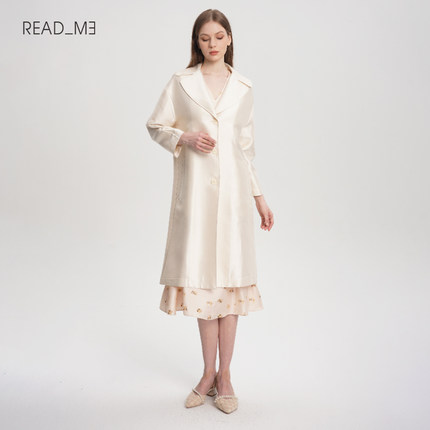 Readme读我珍珠白色简约女长款风衣50501114