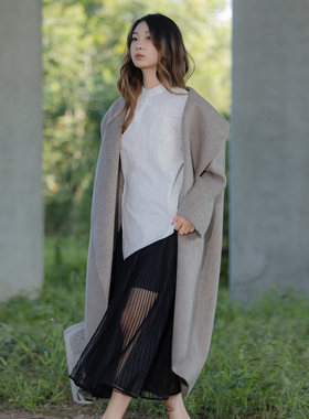 READ_ME读我米咖松弛感偏襟披肩领长款双面呢丝毛大衣B60902207