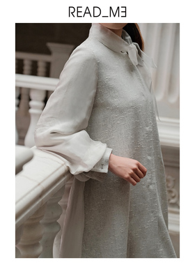 README读我女中长款高级灰色风衣羊毛真丝飘带双层外套70606125