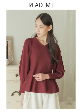 商场同款readme读我春夏新款女酒红针织衫镂空V领显瘦50210240