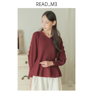 镂空V领显瘦50210240 女酒红针织衫 商场同款 readme读我春夏新款