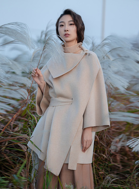 READ_ME读我设计感半翻领偏襟系带羊毛短大衣B80943522