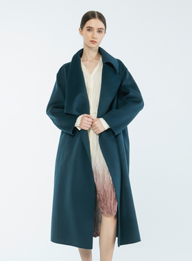 READ_ME读我墨绿简约设计感大翻领系带修身长款羊毛大衣B10927427